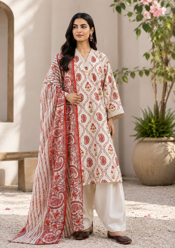 Maroon Paisley Printed 3-Piece Suit